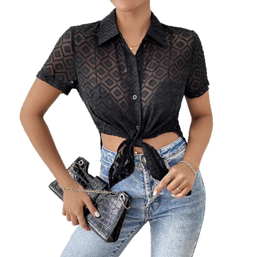 2025 Summer New Solid Color Fashion Jacquard Chiffon Hem Split Short-sleeved Shirt Women's Top Cw11513