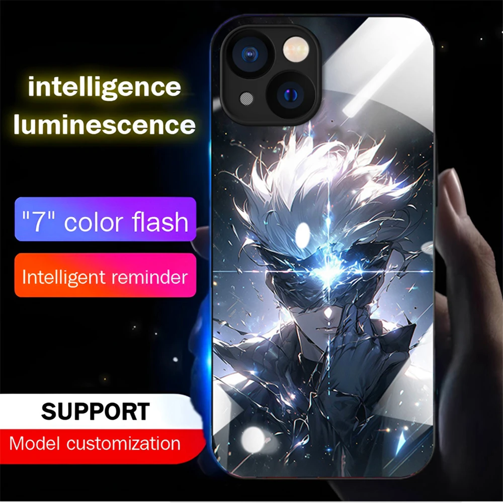 

For Jujutsu Lover Smart LED Light Glow Glass Phone Case Glitter Cover For iPhone 15 14 13 12 11 Pro Max XR XS Plus 6 7 8 SE2020