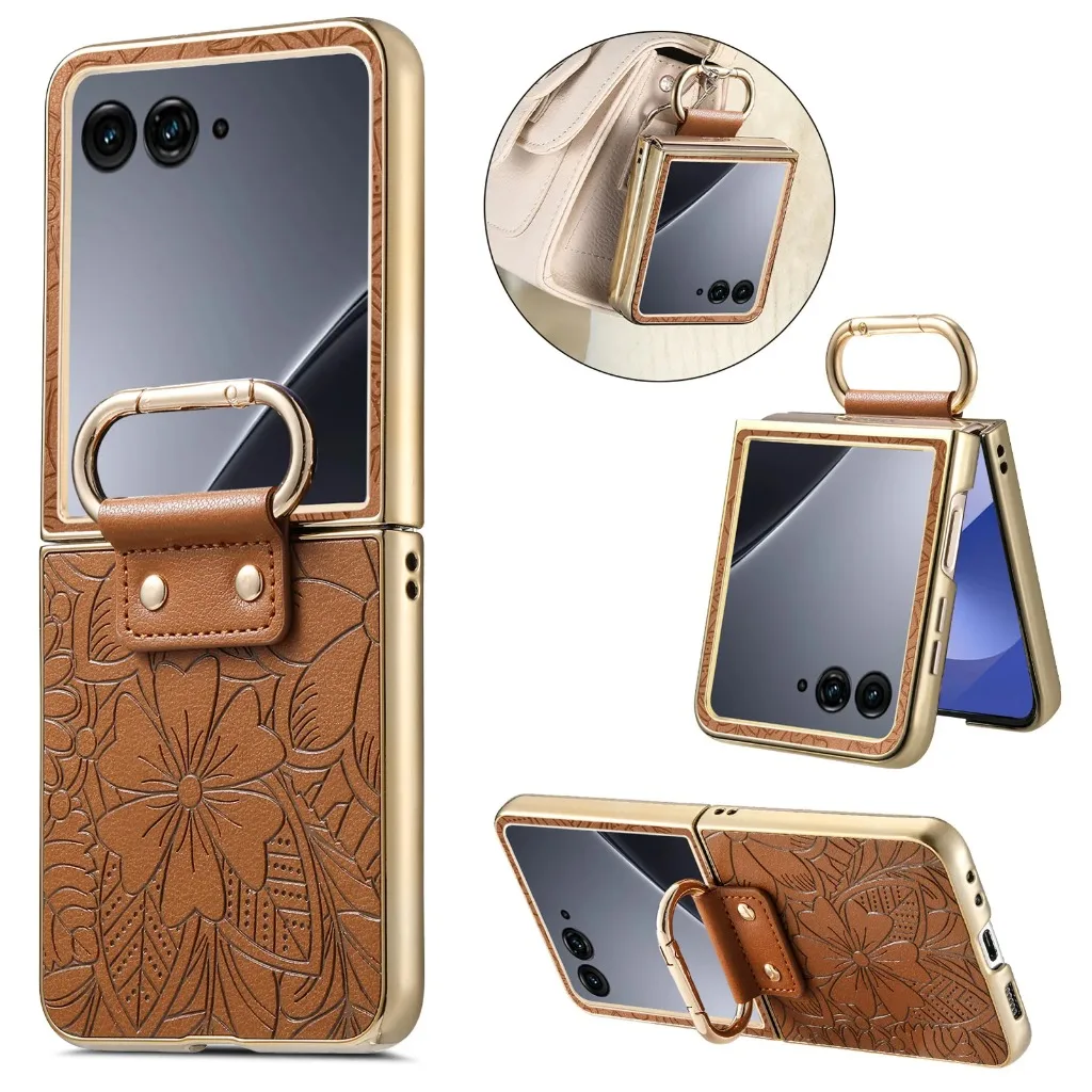 Für Motorola Razr 60 Ultra 50 PU-Leder Geprägte Blumen-Handyhülle Mit Ringschnalle Galvanisierte Stoßfeste Schutzhülle
