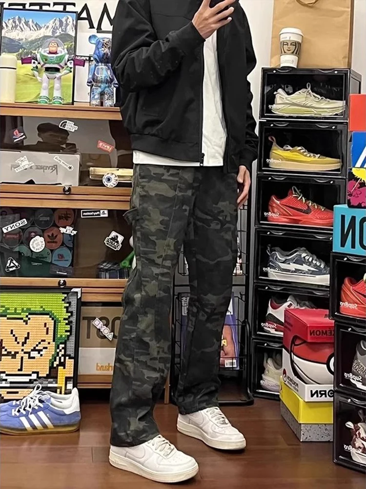 

Retro American Fleece Lined Camouflage Jeans Men's Autumn Winter Trendy Outdoor Workwear Straight Leg Mountain Climbing Pants