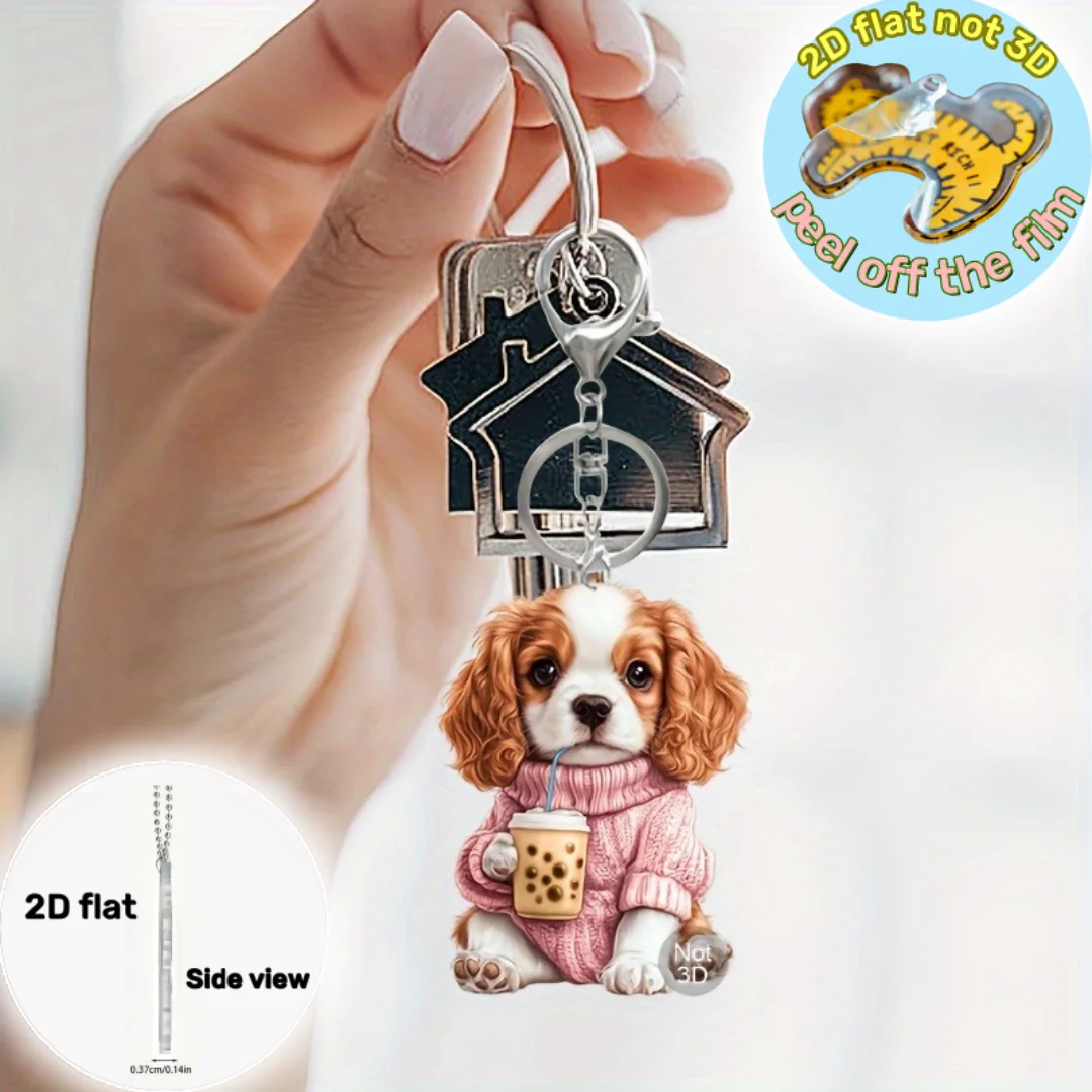 Cavalier King Charles Spaniel Anhänger Schlüsselanhänger, Welpe 2D flache Acrylverzierung, hängende Dekoration für Auto, Taschen, Festlich, Party, Geschenk