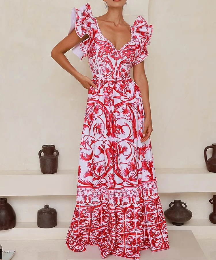 Vintage Printed Red Dress Women Holiday Party Sleeveless V-neck Elegant Dresses Female Runway Design Streetwear Vestido Backless