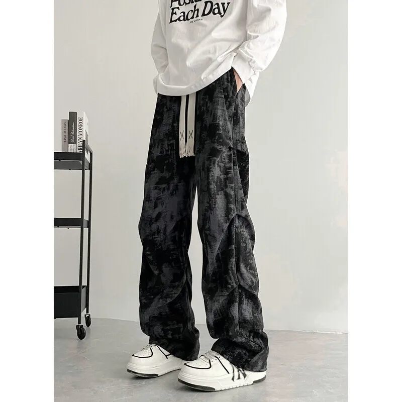 Beige Casual Pants Men Fashion Retro Straight Pants Men Streetwear Hip-hop Loose Tie Dye Pants Mens Vintage Trousers M-3XL