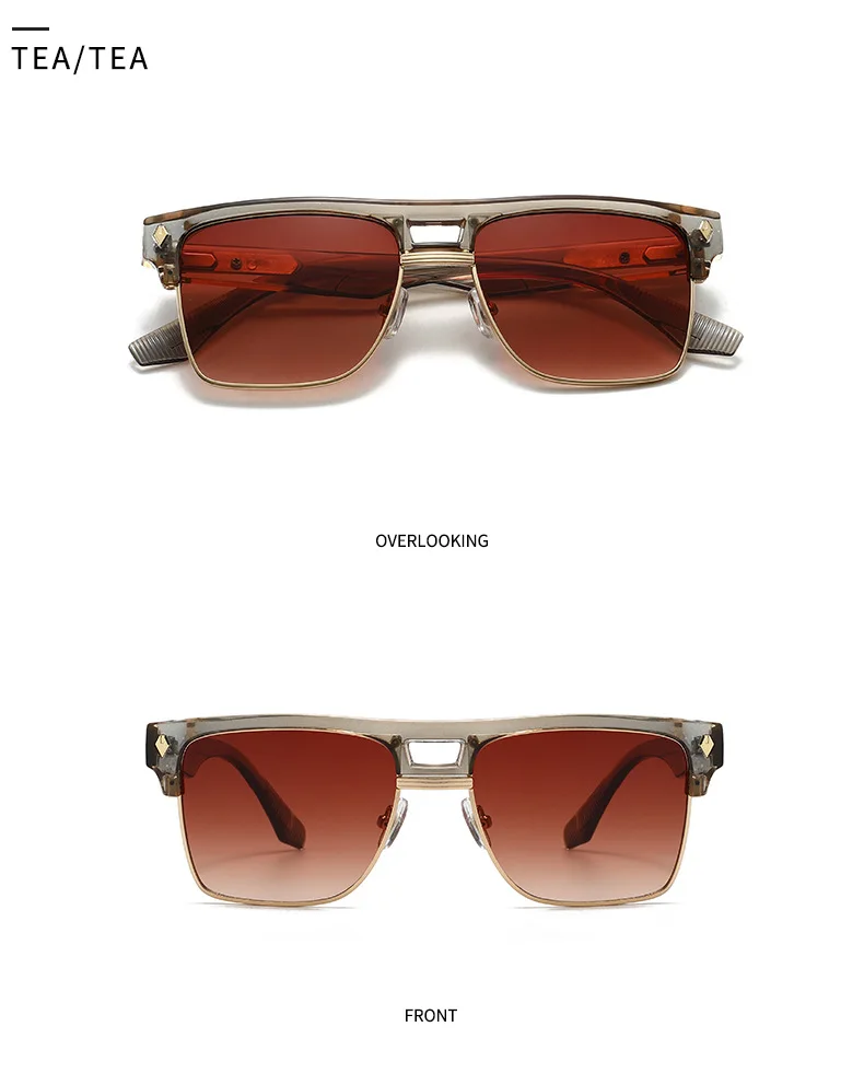 SHAUNA Übergroße Halbrahmen-Sonnenbrille mit Doppelbrücke, Retro-Herren-Quadrat-Sonnenbrille, Modische Luxus-Damen-Sonnenbrille mit Nieten, Trendige UV400-Schutzgläser – Detail 16