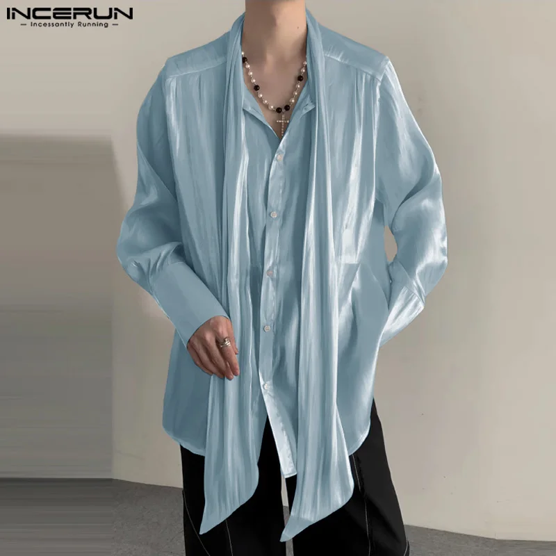 2024 Men Shirt Solid Color Shiny Lace Up Long Sleeve Button Korean Loose Men Clothing Streetwear Fashion Casual Shirts INCERUN