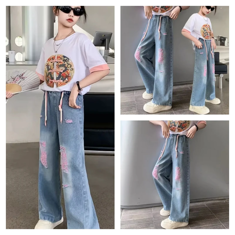 

Hot Kawaii Girl Jeans Fashion Student Autumn Anime Casual Elastic Waist Wide-Leg pants Straight-Leg Pants Children's Clothing