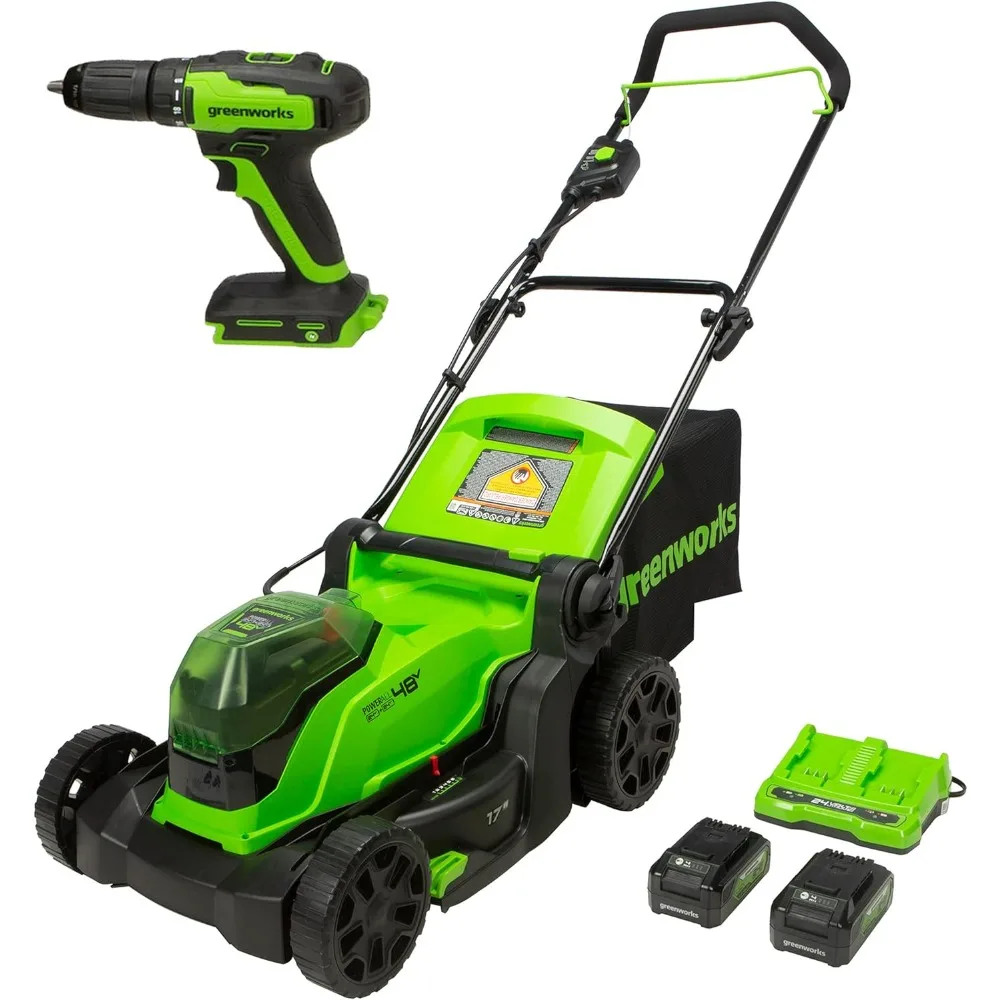 

48V (2 x 24V) 17" Brushless Cordless Lawn Mower + 24V Drill / Driver, (2) 4.0Ah USB Batteries (USB Hub) and Dual Port Rapid