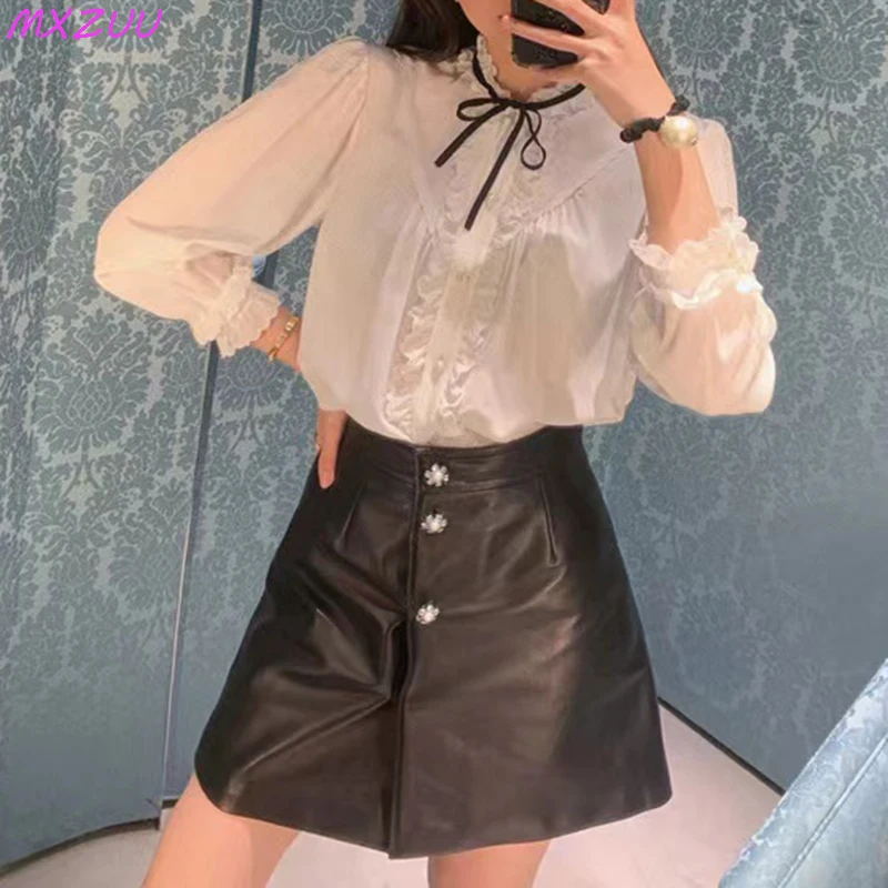 Genuine Leather Skirts for Women Korean Fashion Sweet Fresh Diamond Buttons High Waist Sheepskin Slim A-Line Faldas Cortas Sexys