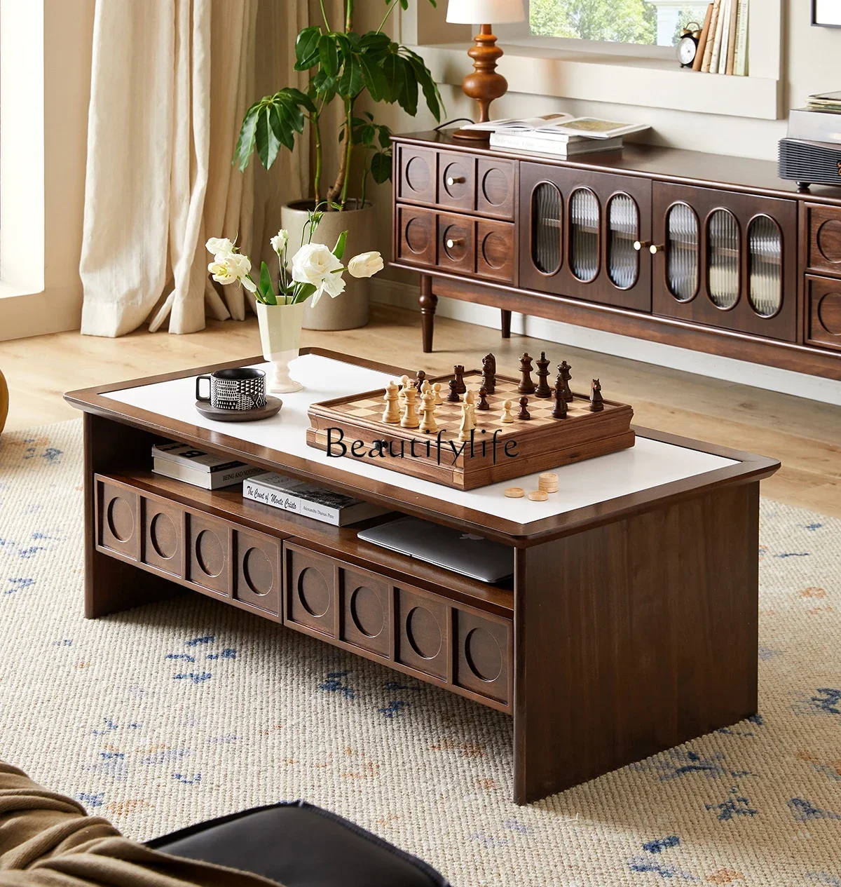 

ls 18 **Nordic living room solid wood rock slab coffee table premium light luxury black walnut color home tea table