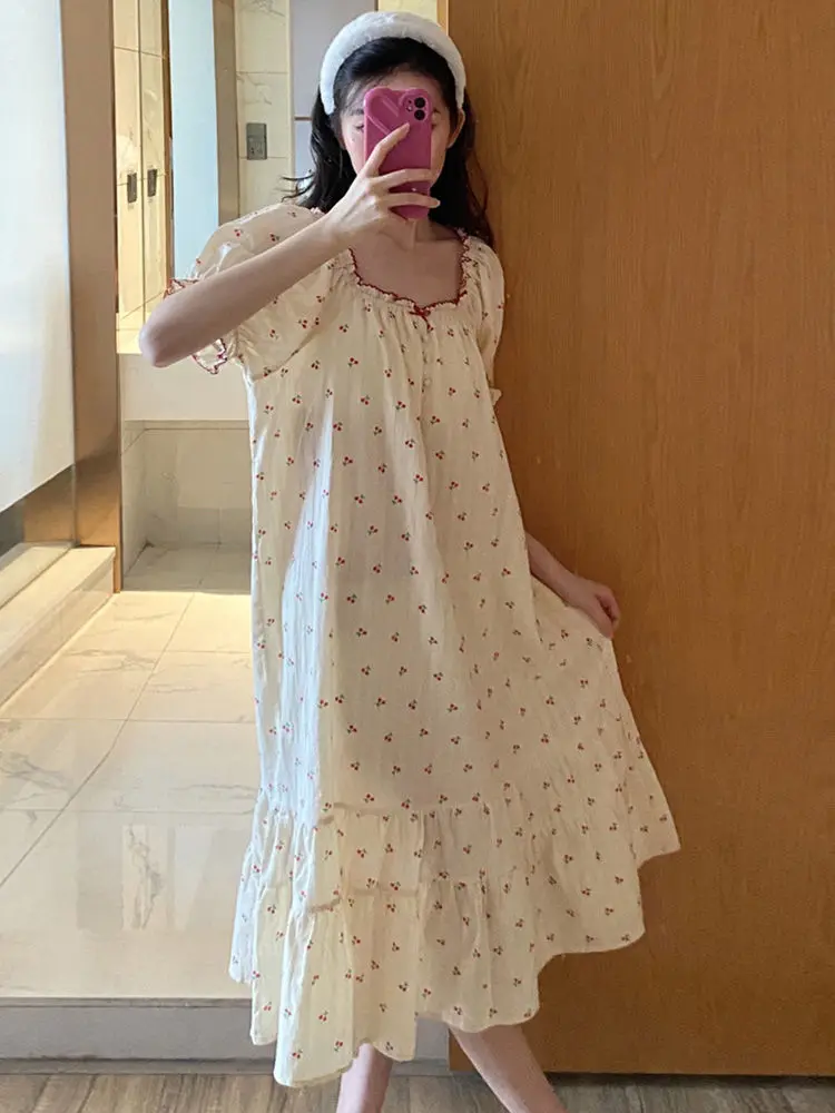 Cherry Nightgown Sleepwear Women Korean Summer One Piece Pajamas Dress Ruffle Short Sleeve Cute Night Sleeping Bow Home Wear New