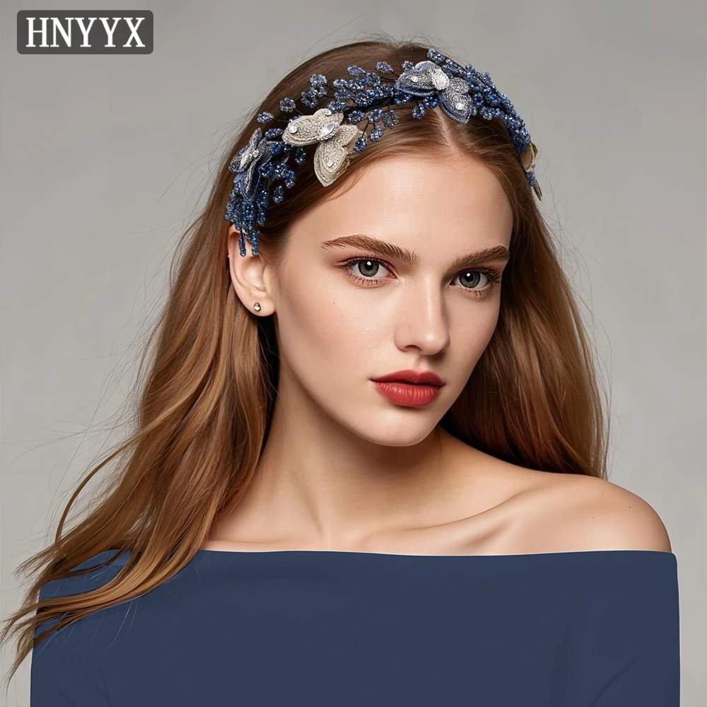 HNYYX Blue Flower Beaded Headband Elegant Women's Party Hairband Anti Slip Butterfly Headband Jewelry Hair Accessories Gift A208