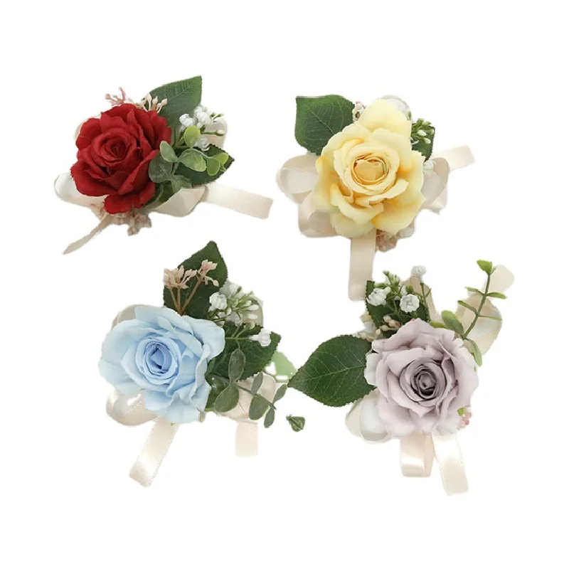 Boutonniere 및 손목 코사지 웨딩 용품, 연회 하객 시뮬레이션 꽃, 신랑 신부 장미, 멀티 컬러 시리즈 385