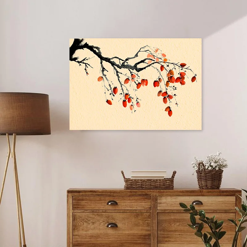 Chinese Style Persimmon Tree Wall Art Canvas Painting With Frame Watercolor Plant Poster Living Room interior Picture Home Decor