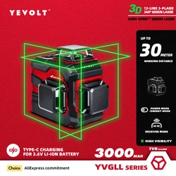 YEVOLT YVGLL4XS12 Series Green Laser Level 3-Plane 12-Line Self-leveling 360 3D Horizontal & Vertical 3.6V 3Ah Power Tools