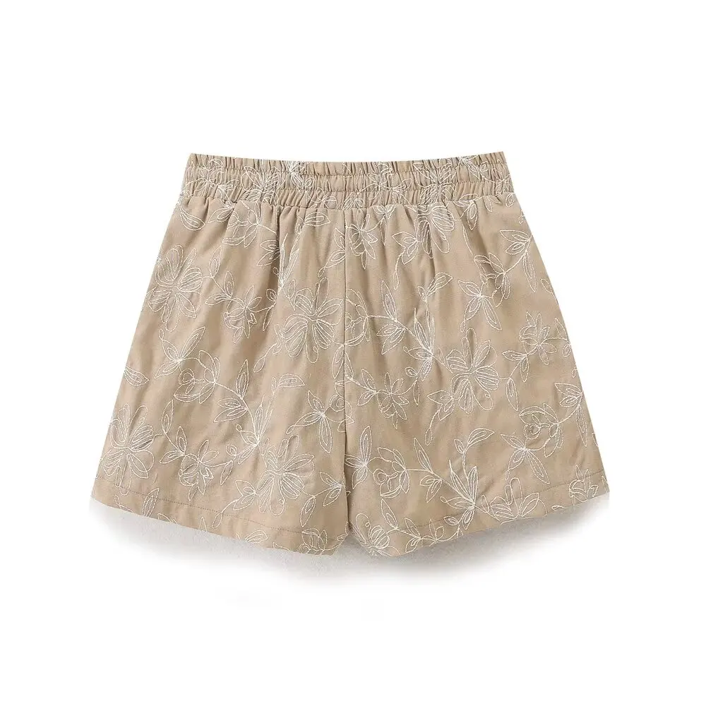 Tangada 2024 Women Khaki Embroidery Shorts High Waist Elastic 85% Cotton Shorts 6H0202