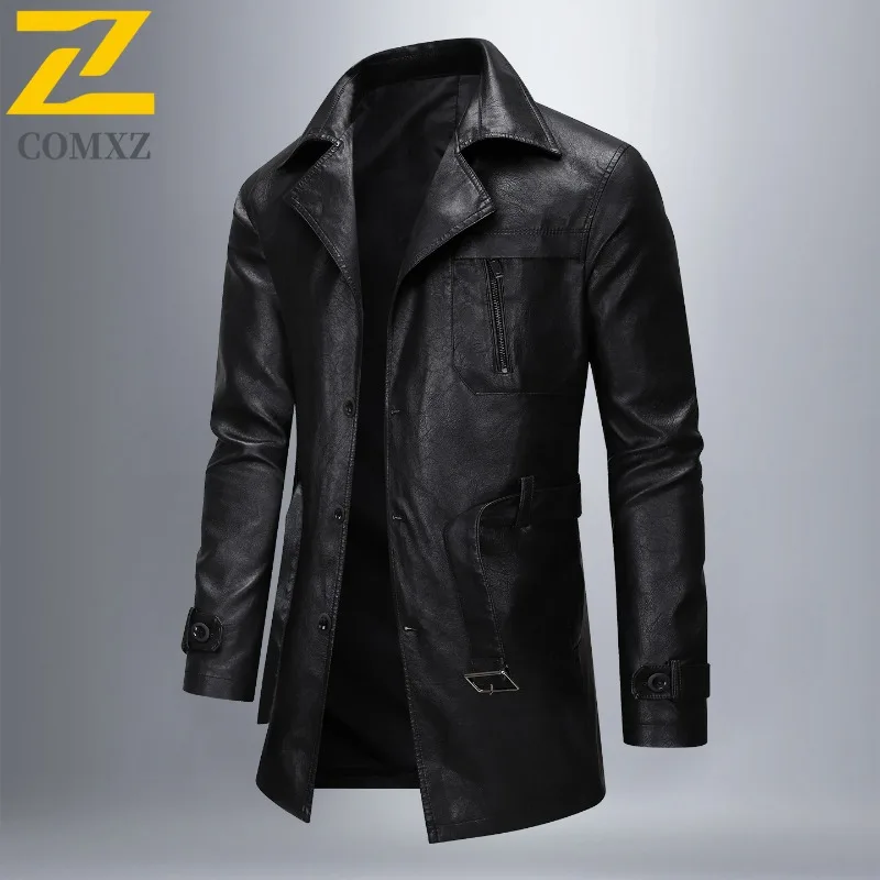 COMXZ Male Leather Jacket Luxury Elegant Slim Working Leather Trench Coat Fashion Single Breasted New Windproof Long Outerwear​