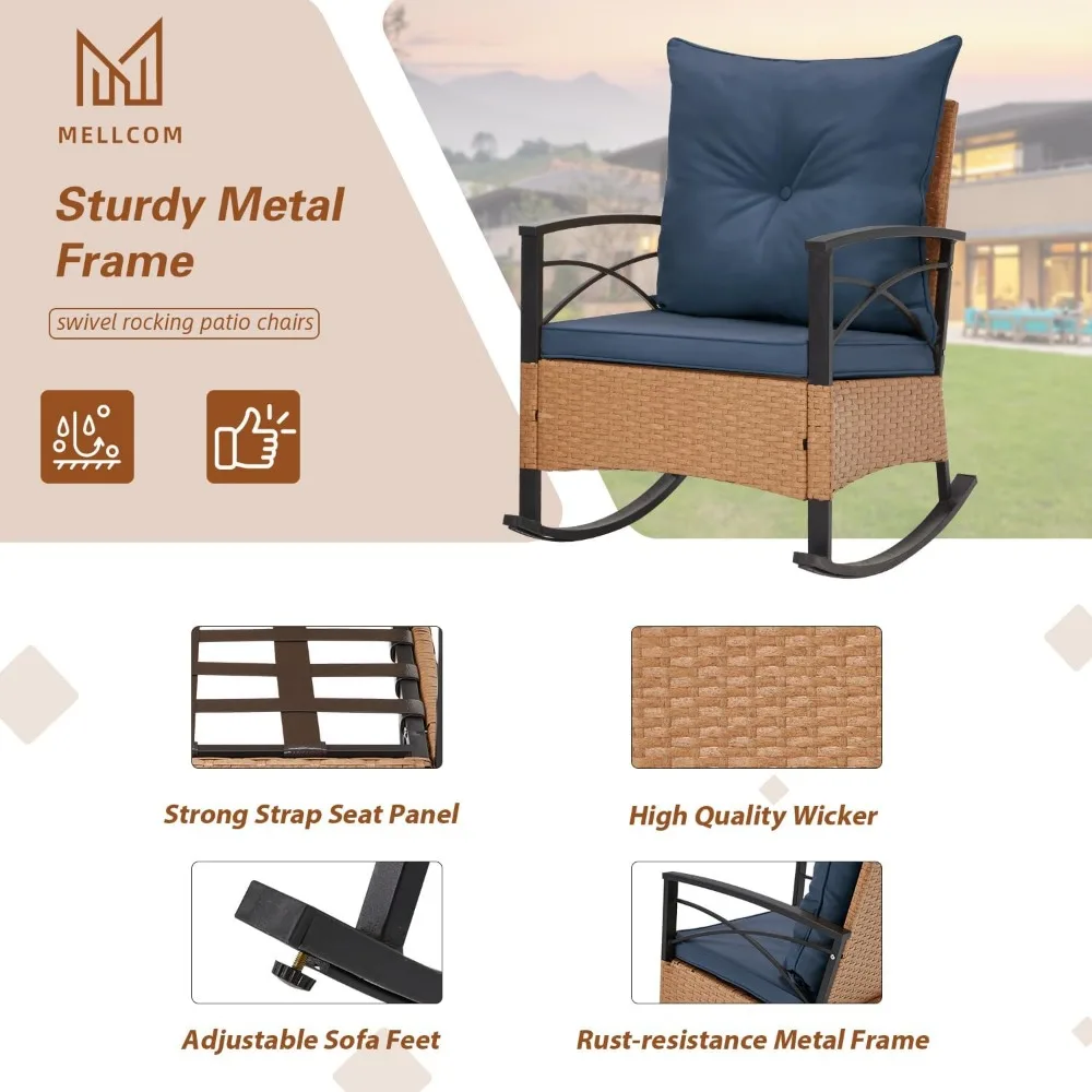 3-Piece Outdoor Patio Furniture Set with Rocking Chair, Cushions, and 2-Tier Coffee Table - Wicker Bistro Style