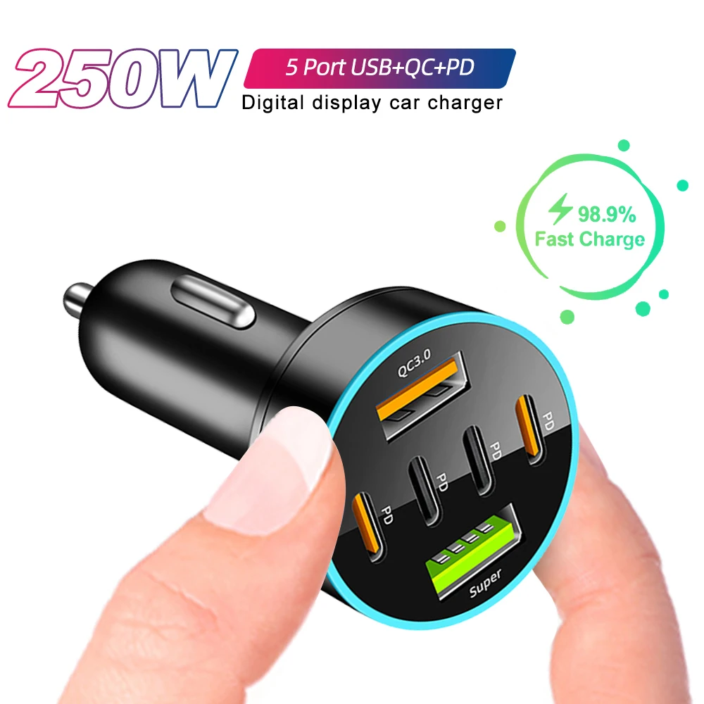 250W 8/6 Ports Car Charger Fast Charging PD QC3.0 USB Type C Auto Phone Charger Adapter in Car For iPhone Samsung Huawei Xiaomi