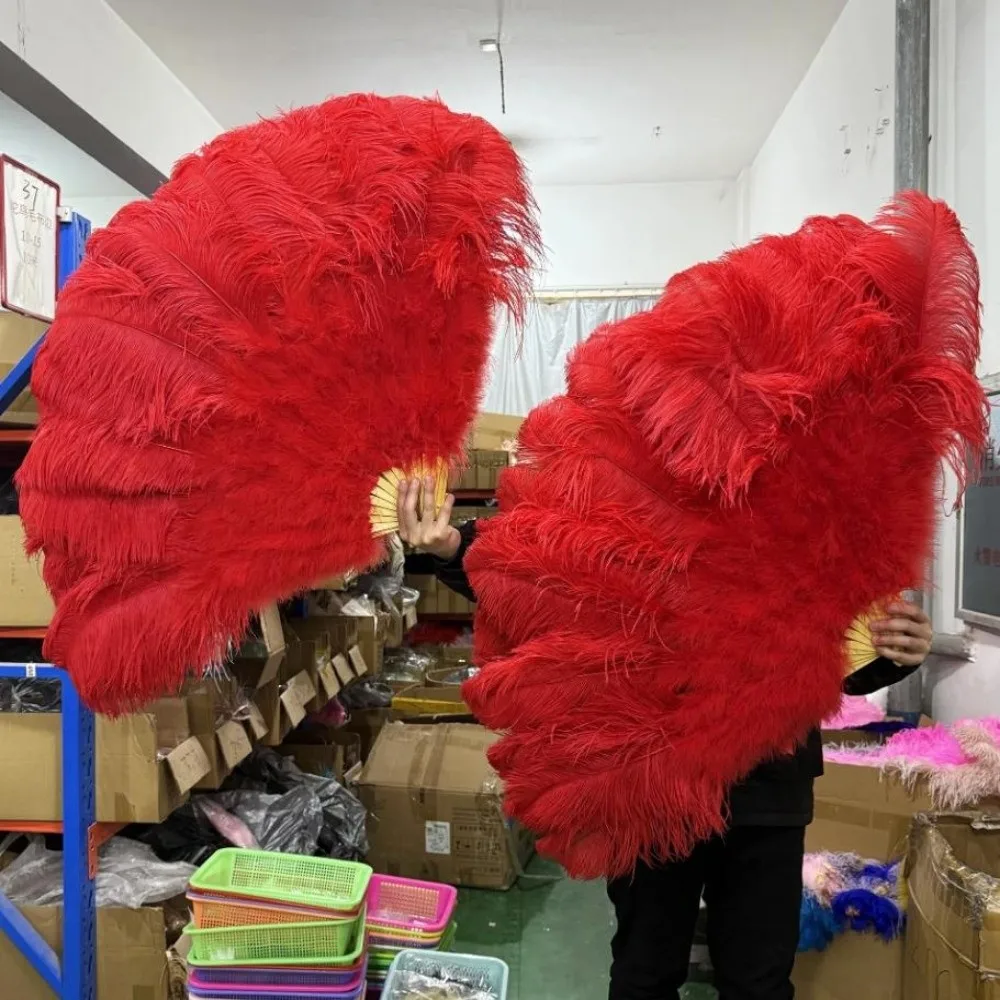

New Big Red Ostrich Handheld Fur Fan 35*60cm Runway Shooting Props Folding Fan 12 Bones Carnival Belly Dance Stage Fan
