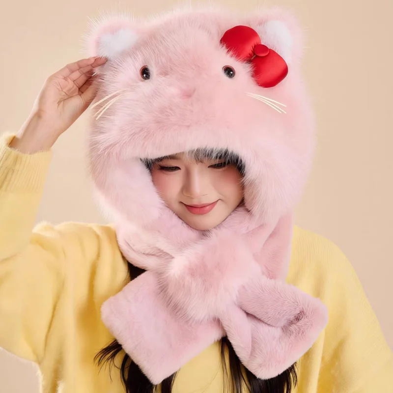 قبعة سانريو هالو كيتي العصرية للفتيات في الشتاء والدفء في الهواء الطلق ومقاومة للرياح والبرودة وشاح بقلنسوة هدية عيد الميلاد