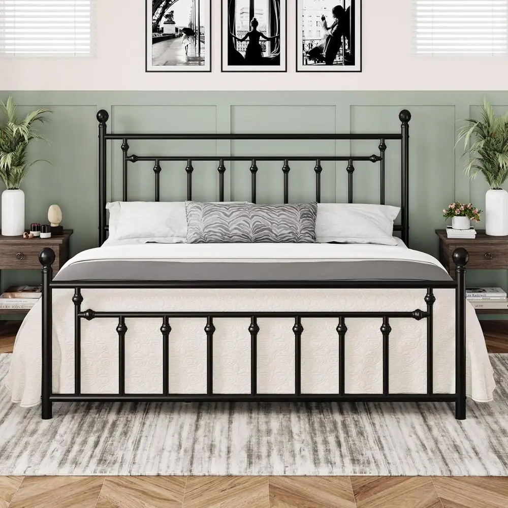 14 Inch King Metal Bed Frame with Victorian Style Headboard and Footboard, Mattress Foundation, Storage Space, No Box Spring Nee
