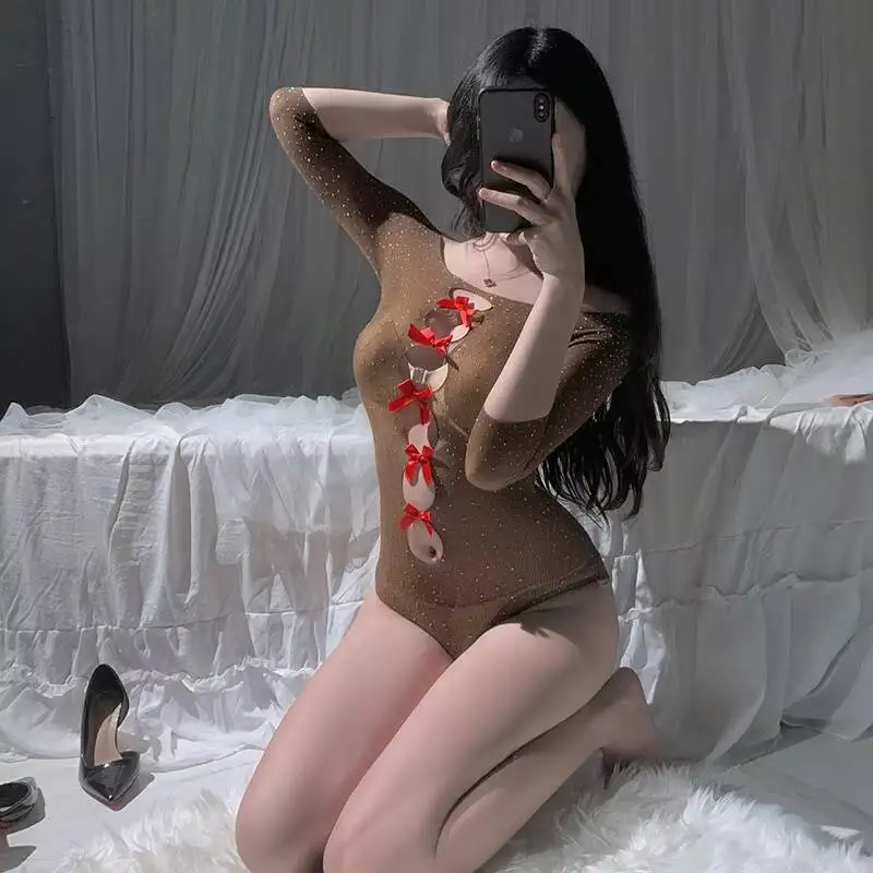 

Фиолетовое сексуальное женское белье для горячих девушек, высокая эластичность, вязаный прозрачный комбинезон с бантом-бабочкой и полой штампованной комбинезоном, комплект затем для взрослых, эротика