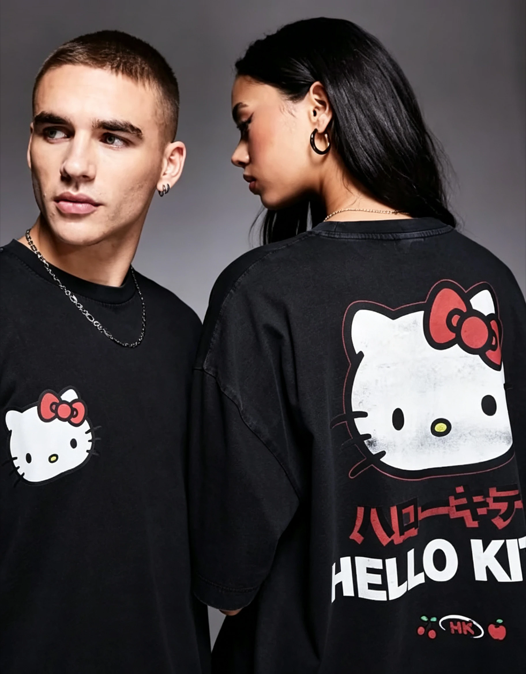 Men Loose Oversized T‑Shirt Hello Kitty Japanese Text Heart Cherry Back Graphic Print Black Short Sleeve Streetwear Tee