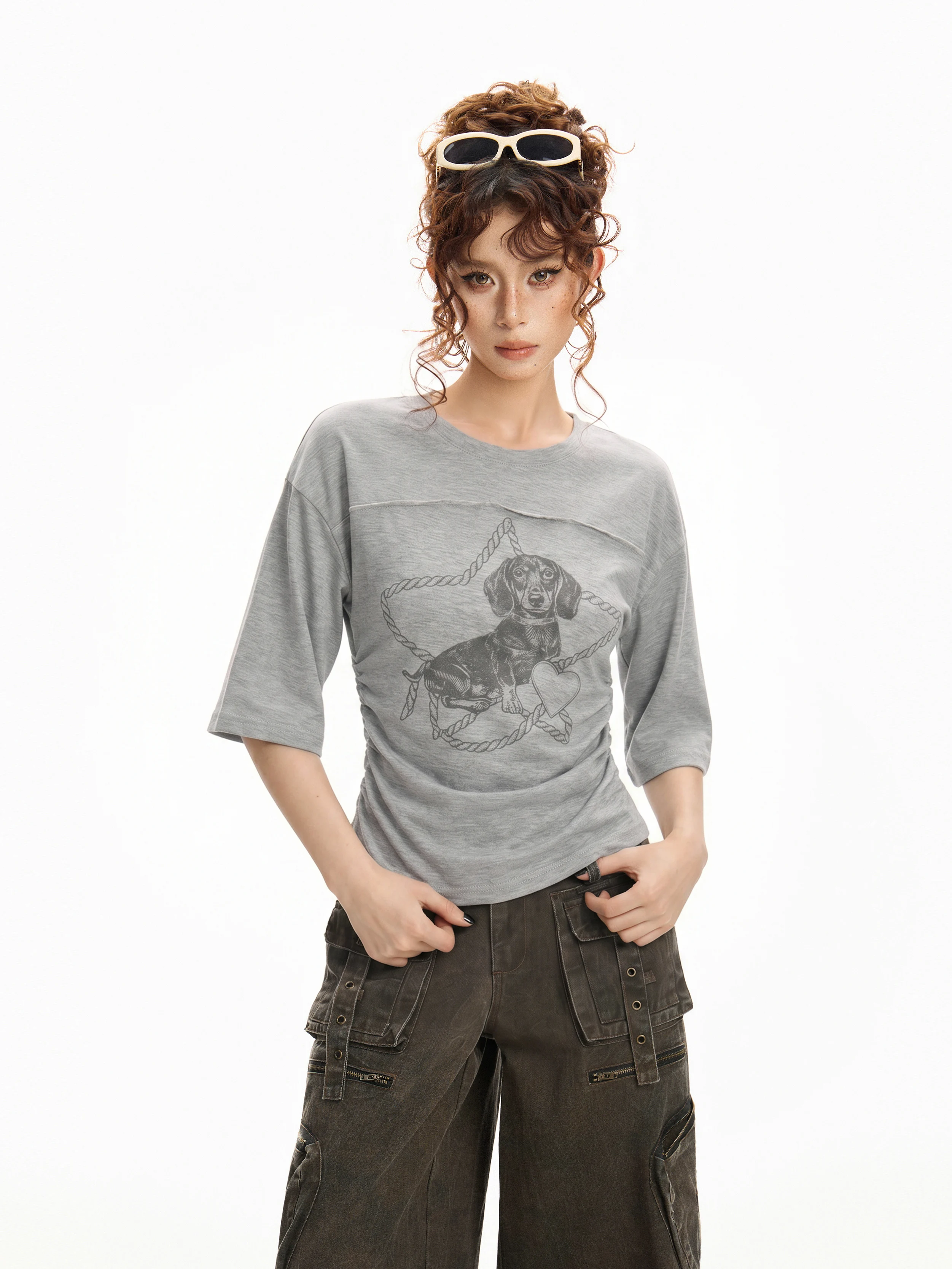 Gray Bell Sleeve Printed Slim Fit Short Sleeve T Shirt Women Summer Waist Cinched Slimming Casual Half Sleeve Short Top