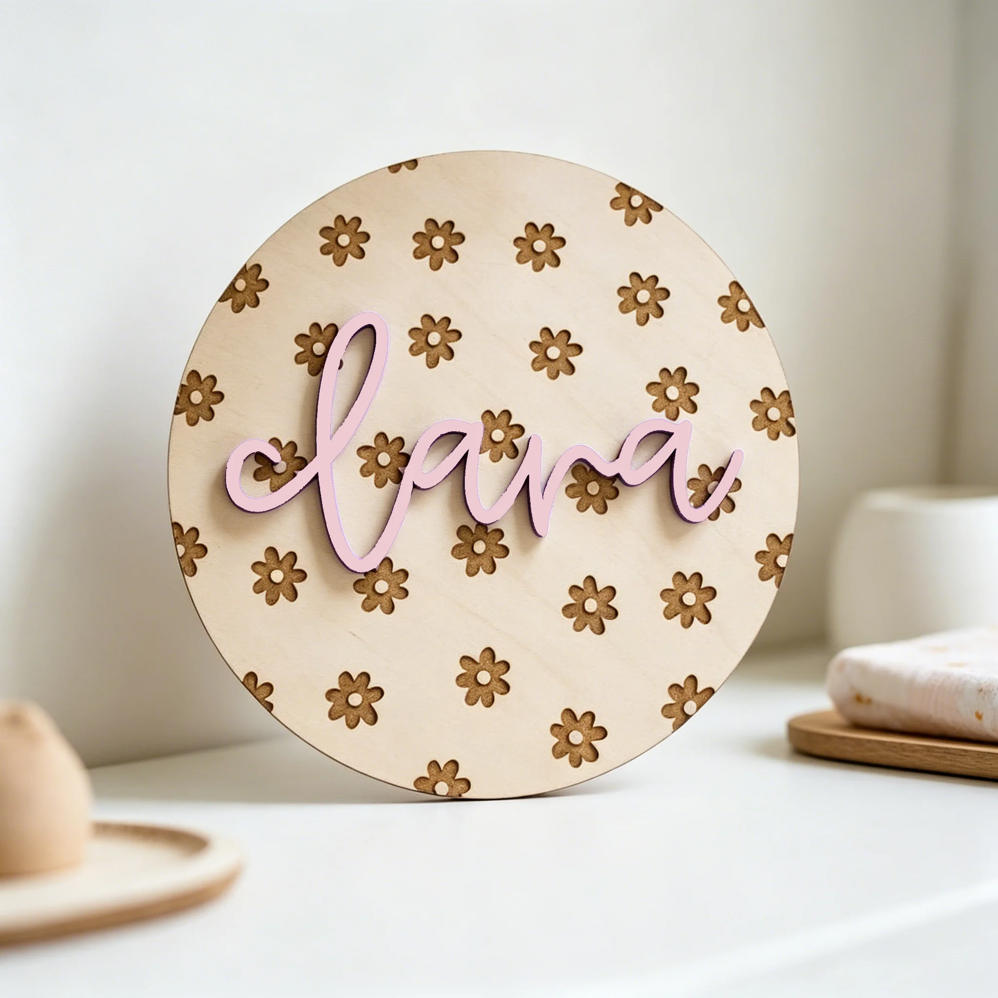 Custom Round Baby Wooden Name Plaque, Engraved Daisy Floral Background , Nursery Wall Decor, Baby Shower Keepsake Gift For Girl