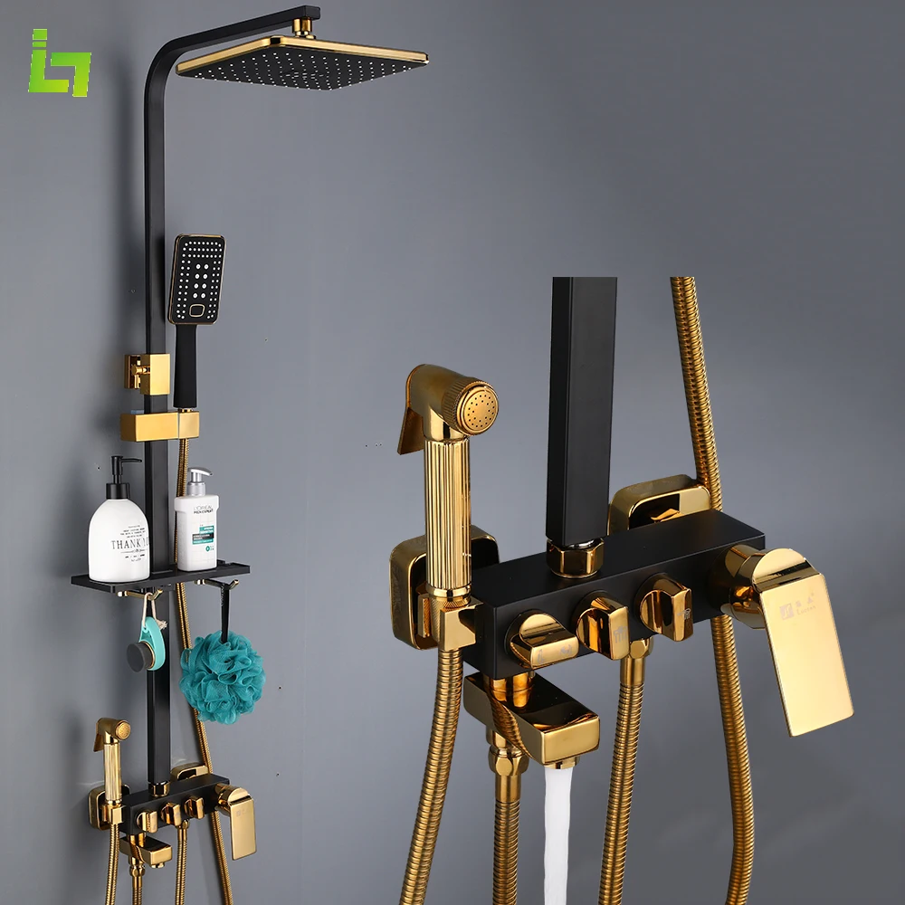 Black Gold Shower Faucet Set Rainfall High Quality Bathroom Mixer Tap Bathtub 4-way with Bidet and Shelf