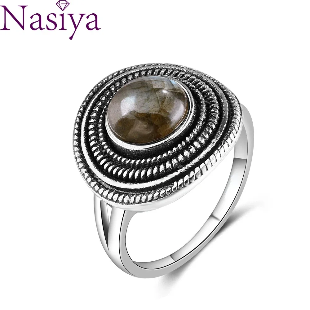 Nasiya Round 8MM Natural Labradorite Rings Men Women's S925 Sterling Silver Gemstone Ring Vintage Style Fashion Jewelry