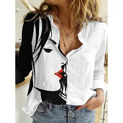 Women's New Loose Shirts Fashion Long Sleeve Shirt Elegant Face Print Sexy Blouse Spring Retro Button Top Women's Summer Clothes
