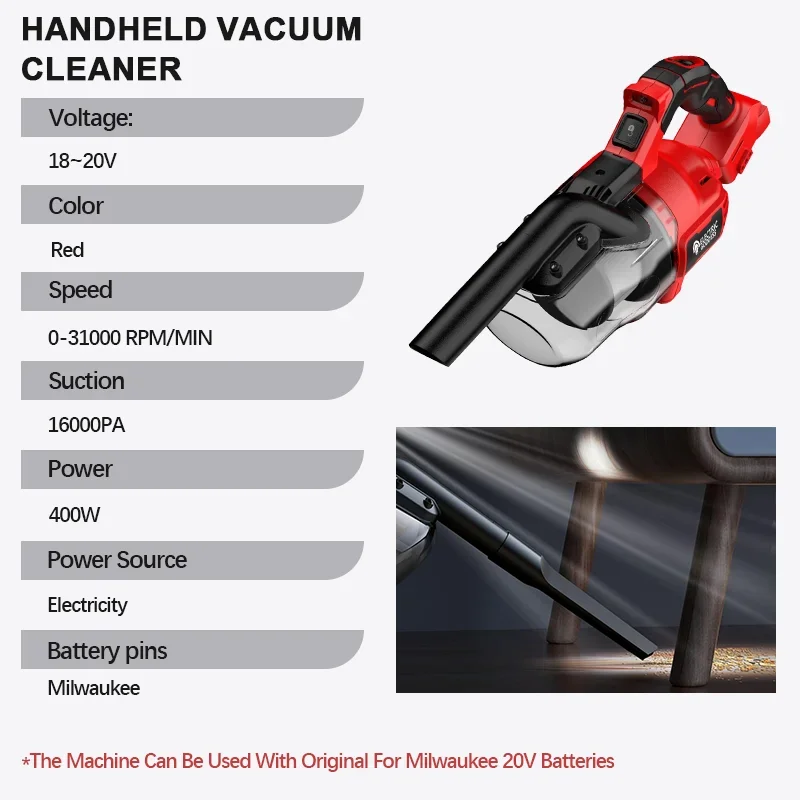 16kpa Cordless Vacuum Cleaner Portable Handheld Dust Blower Car Vacuum Cleaner Cleaning Power Tool for Milwaukee 20v Battery Pin