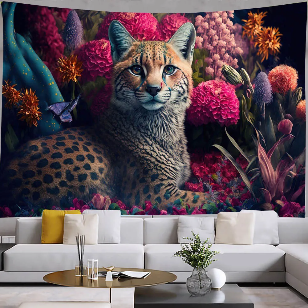 Animal Leopard Tapestry Cheetah Flowers Wall Cover Cloth Panther Colorful Floral Bedroom Living Room Decor Wall Hanging Blanket