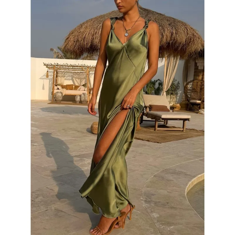 Sexy Satin High Split Party Dress Women Slim Fit Backless Sleeveless Deep V-neck Evening Club Summer Vacation Dresses Female view 6