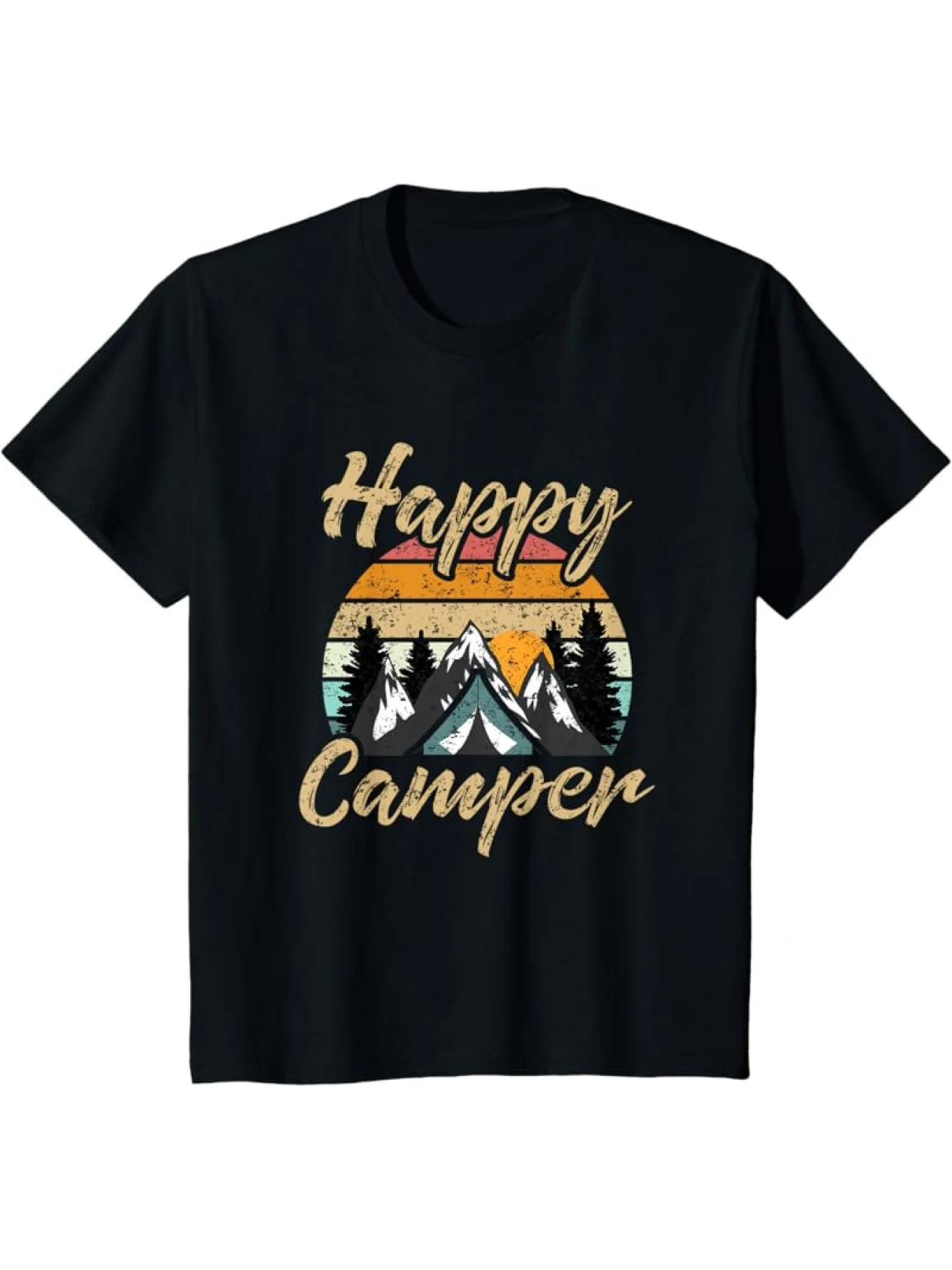 Happy Camper Vintage Sunset Mountains Trees Graphic Tee Soft Cotton Casual Crew Neck Short Sleeve Shirt