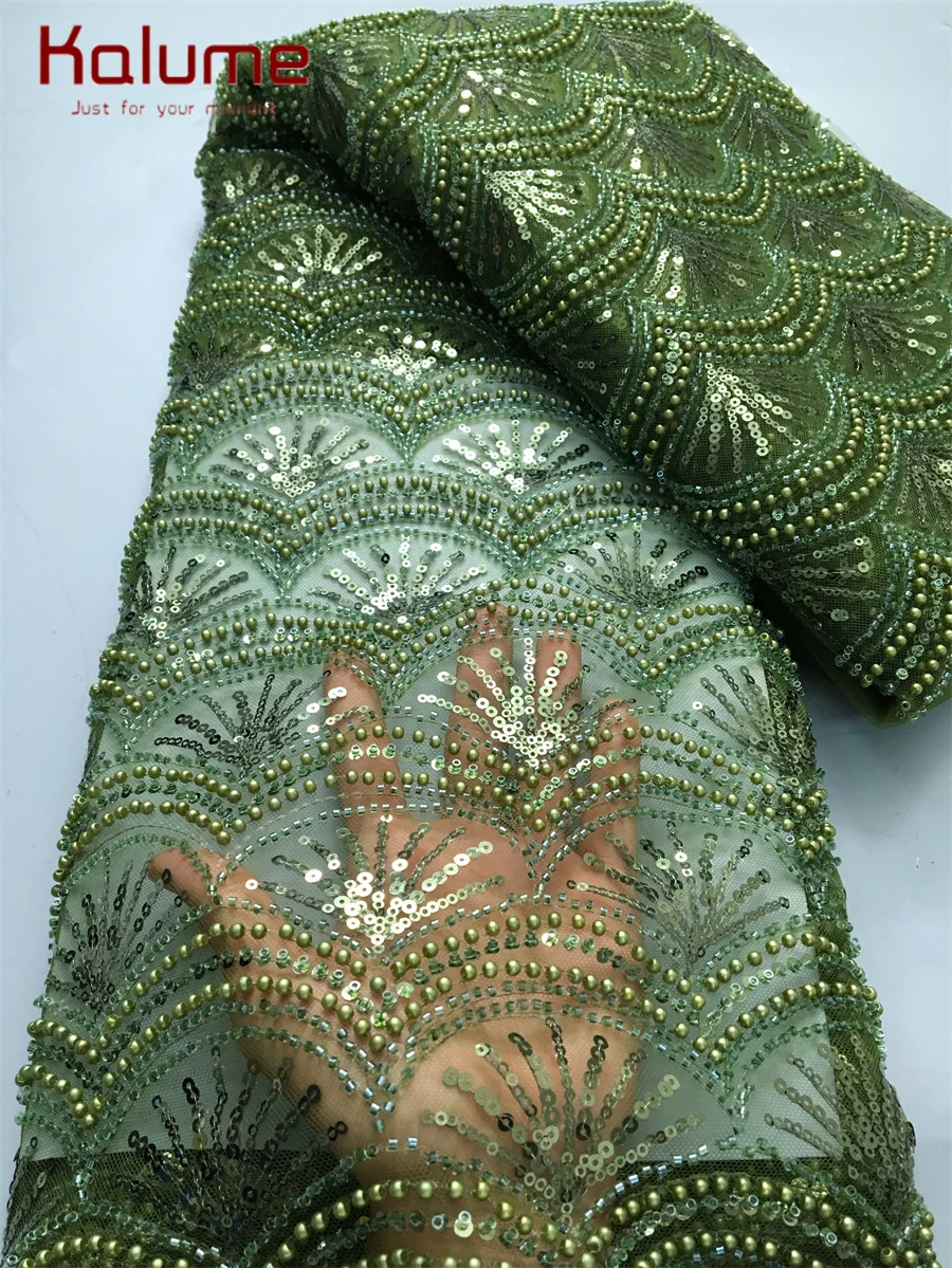 

African Lace Fabrics With Bead Sequins Dubai High Quality Latest Mesh 2025 Green French Lace Fabric For Garment Dress F4161