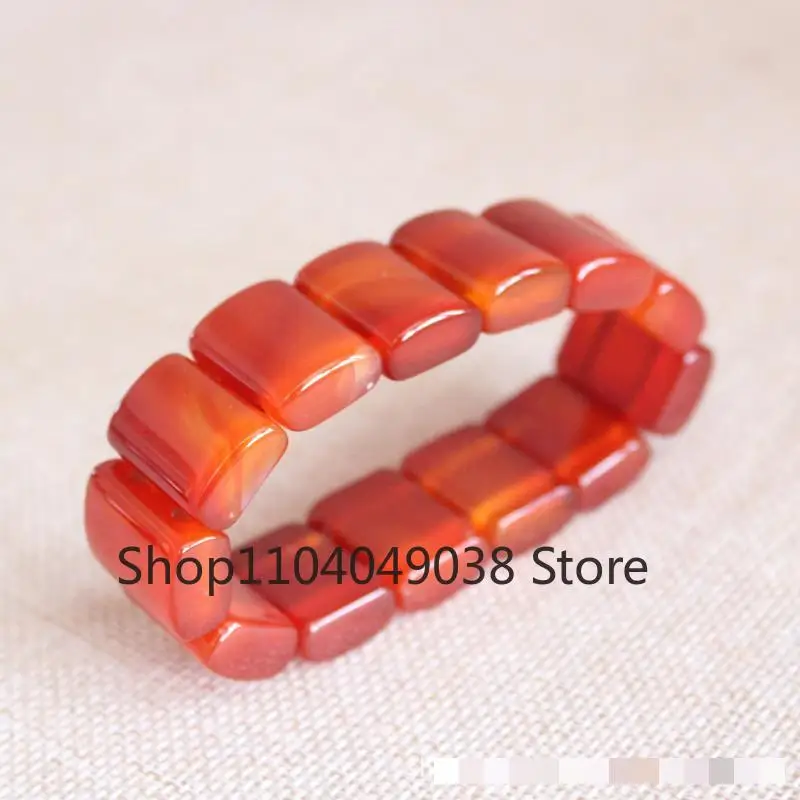 Natural Jade Bracelet Men Women Fine Jewelry Genuine Red Agate Jades Stone Rectangular Bead Elastic Beaded Wide Bracelets Bangle