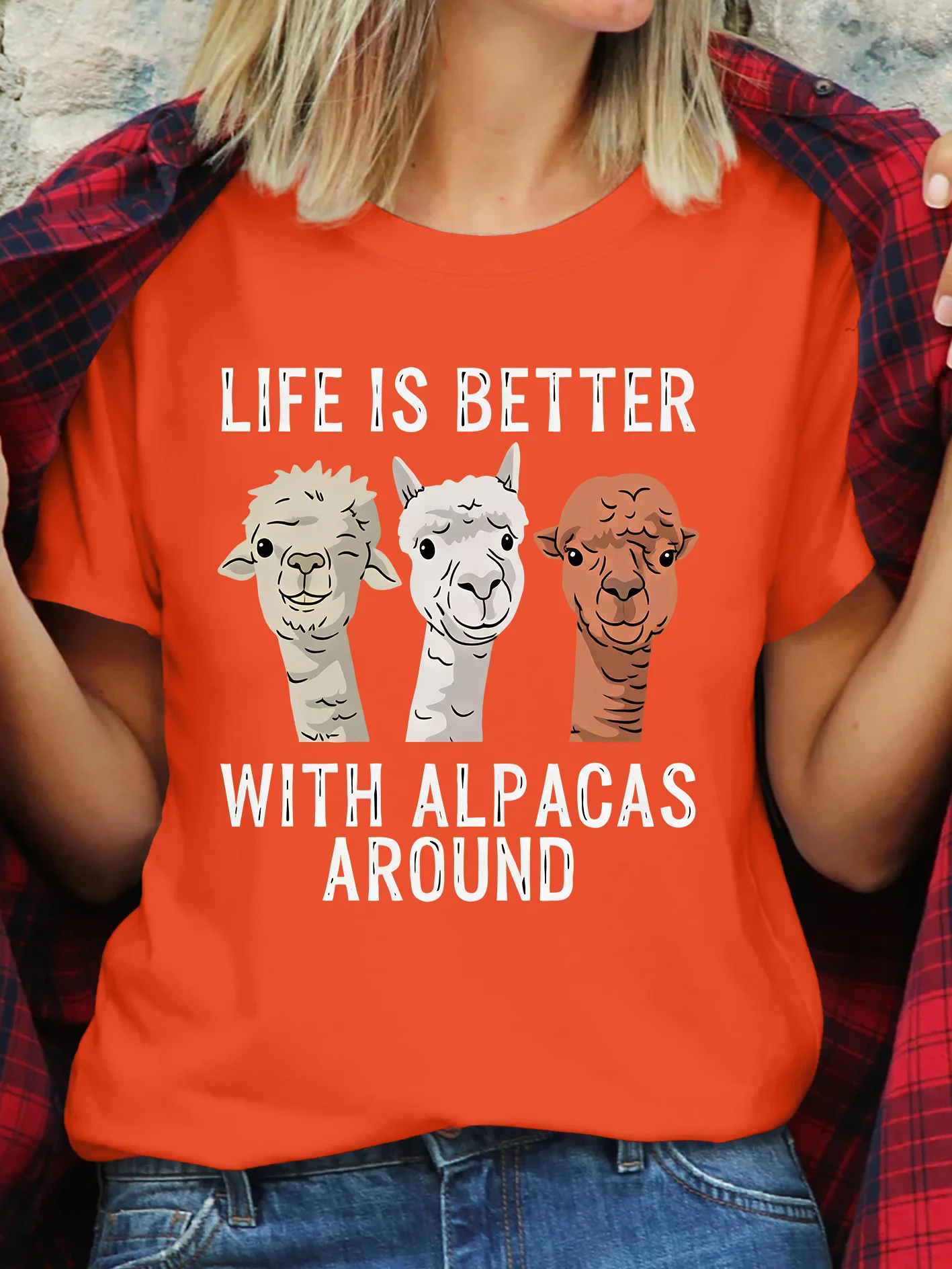 Women's Short Sleeved T-shirt LIFE IS BETTER WITH ALPACAS Printed Round Neck Casual Fashion Women's Daily Top