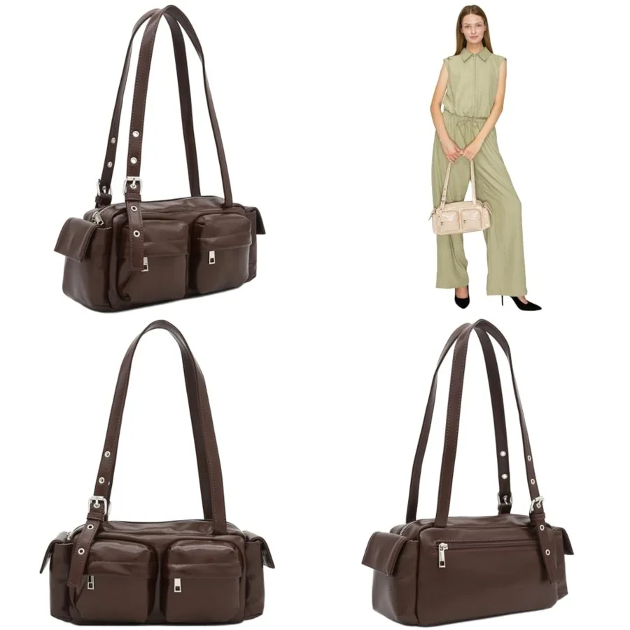 FashionPuzzle Glossy PU Leather Multi Pocket Shoulder Bag Glossy Faux Leather