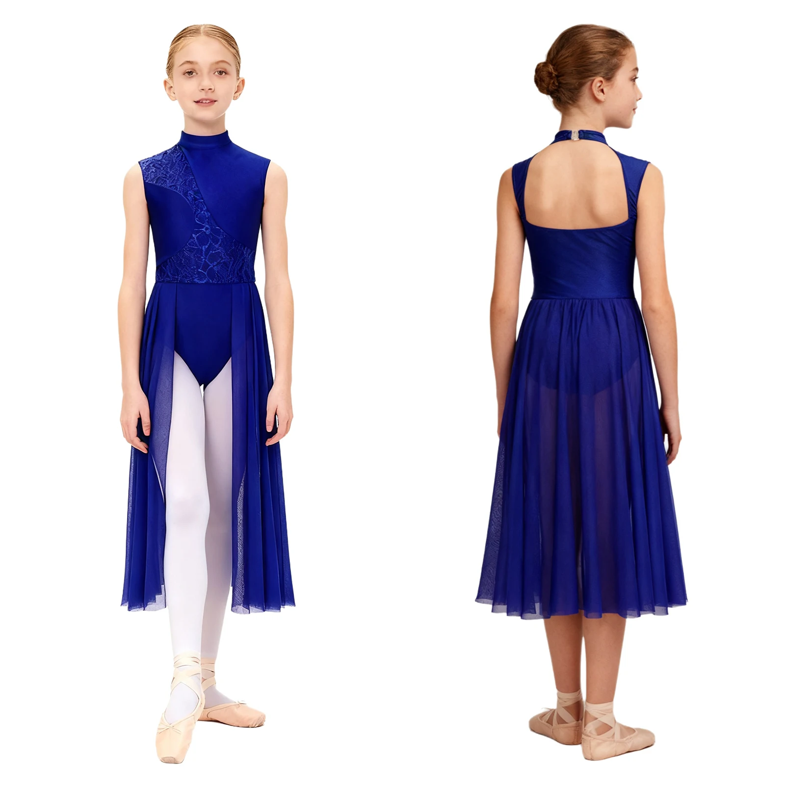 

Kids Girls Sheer Mesh Ballet Ballroom Dance Dresses Cutout Back Sleeveless Leotard for Ballet Waltz Stage Performance Costume