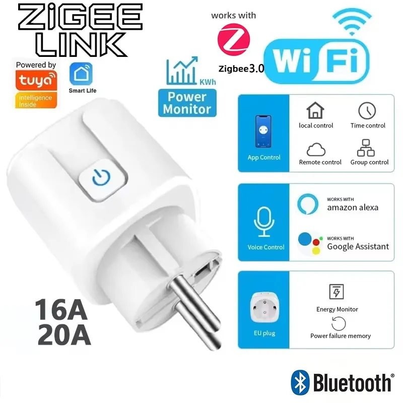 16A/20A for Tuya Smart Socket WiFi ZigBee 3.0 EU Plug Power Monitor Timing Function Voice Control Alexa Google Home Yandex Alice