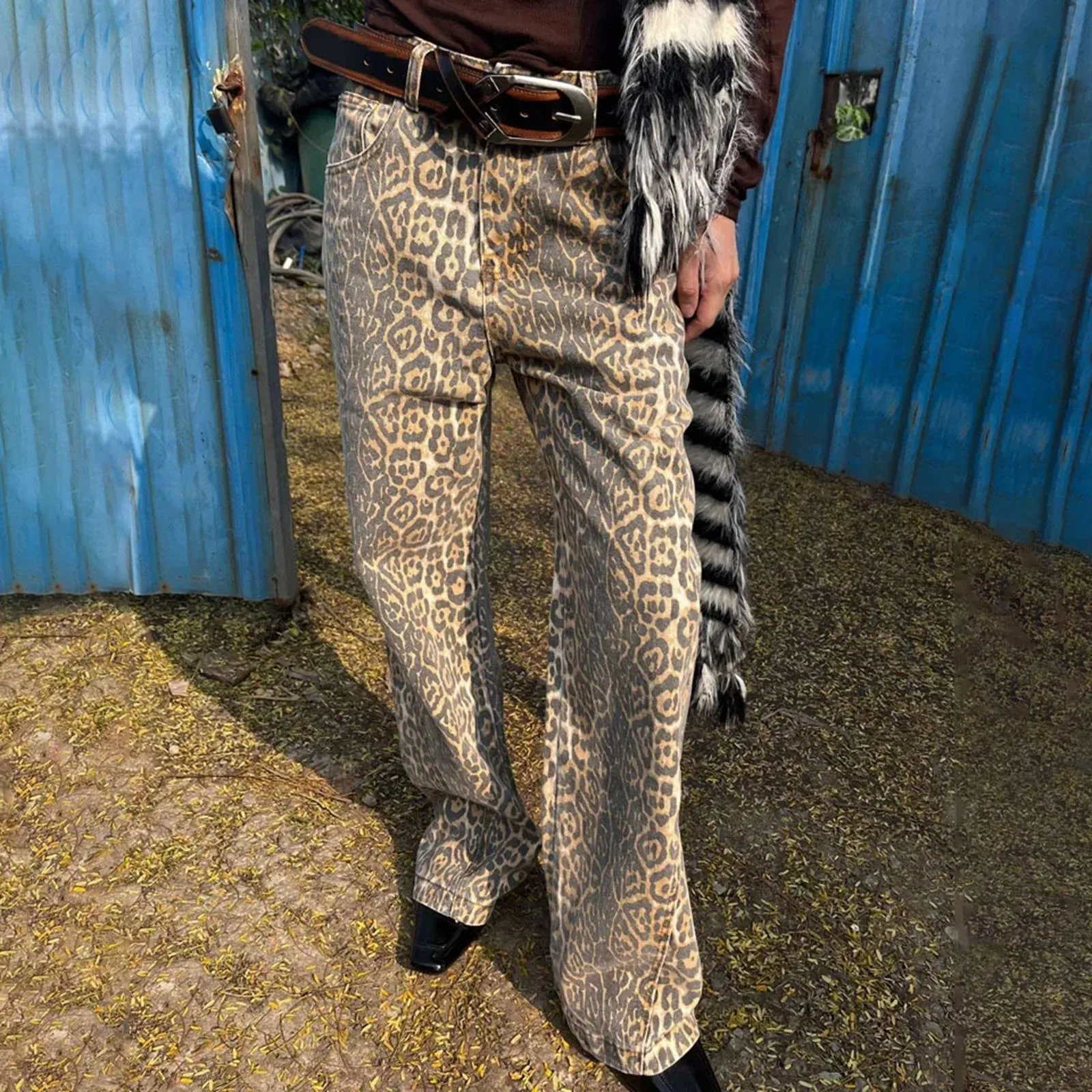 

Vintage Leopard Print Denim Retro Streetwear Wide Leg Pants Street Straight Leg Relaxed Fit Vibe Style Design Jeans Pants