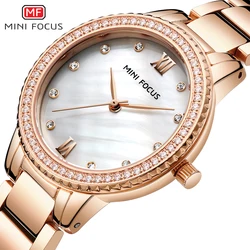 MINI FOCUS Luxury Rose Gold Women Quartz Wristwatches Business Elegant Iced Out Ladies Watches Fashion Stainless Steel Band 0226