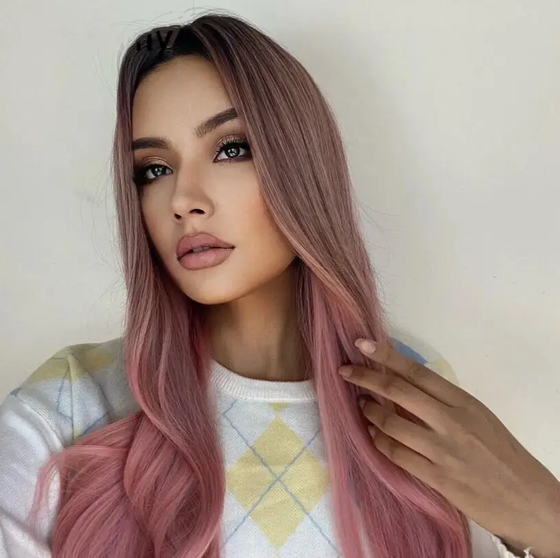 Peruca reta longa com rosa ombre para mulheres, perucas completas, cosplay, EUA