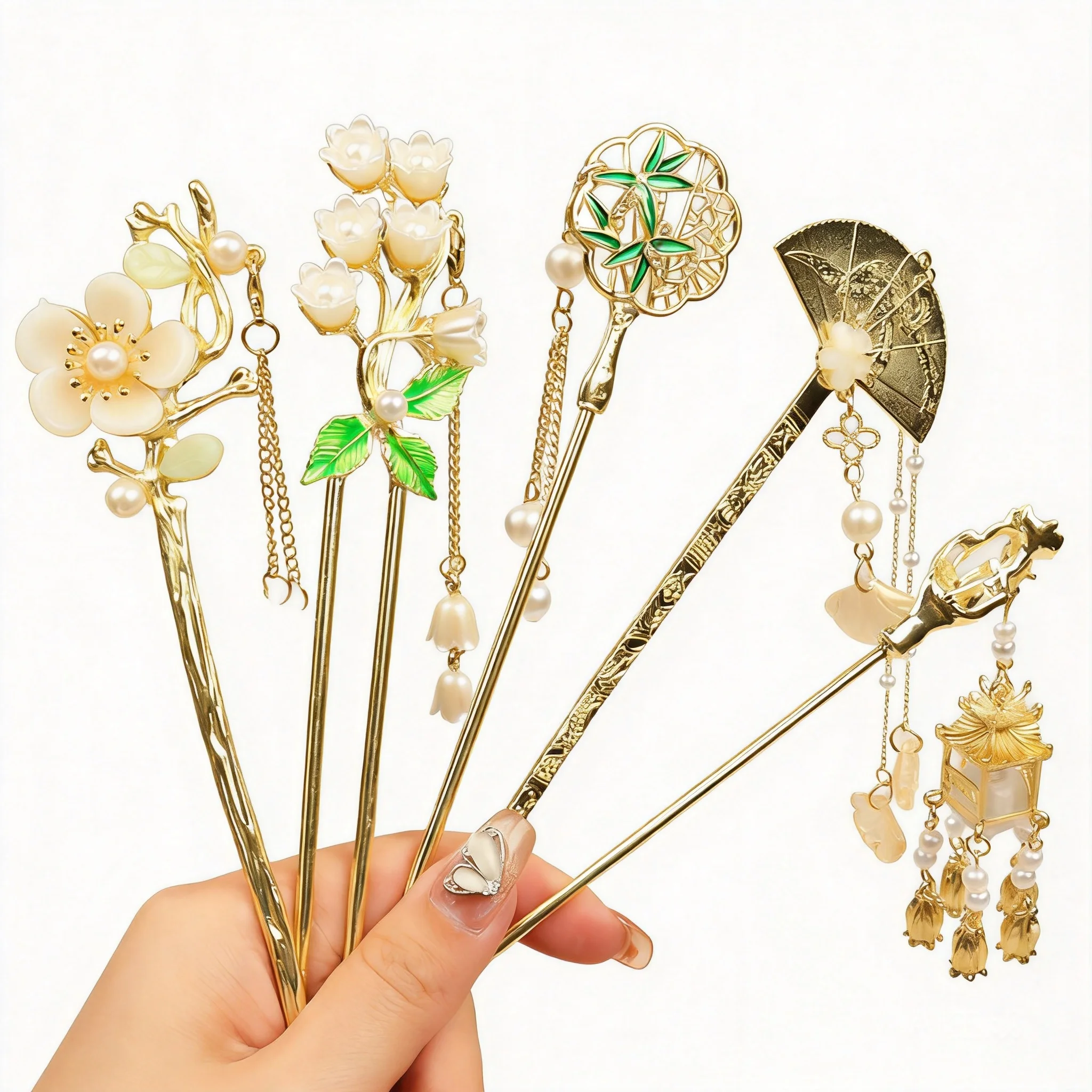 Elegant Chinese Traditional Lucky Blessing Hair Stick Set Vintage Faux Pearl Tassel Flower Lantern Fan Bamboo Hanfu Hairpin Retr