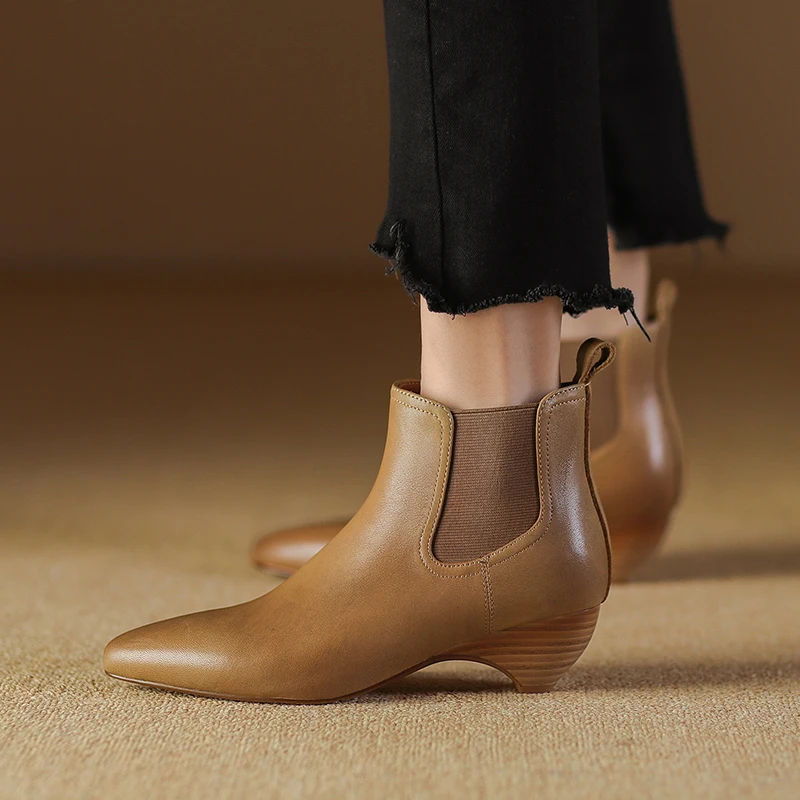 

Женские ботильоны ручной работы с острым носком и резинкой, женская обувь, весенне-осенние винтажные ботинки в стиле ретро, короткие сапоги из натуральной кожи