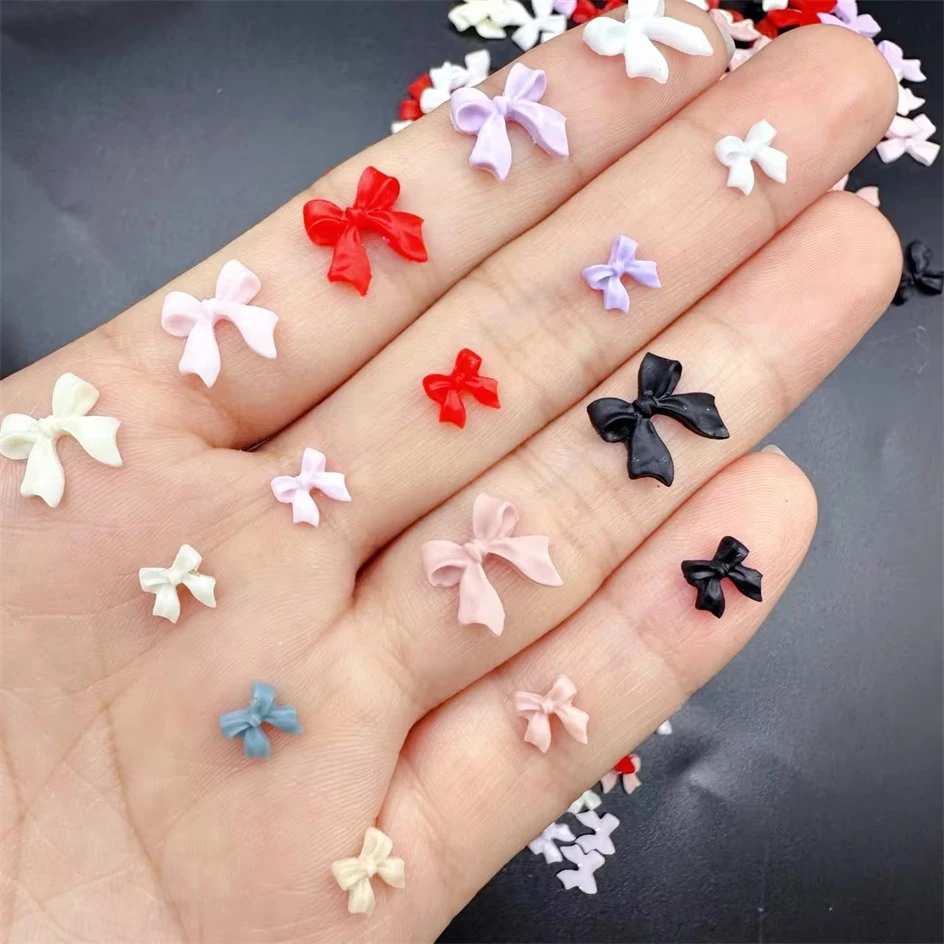 50pcs 2Sizes Bow Nail Charms Bulk Mix Colors 3D Flatback Resin Ribbon Nail Art Decorations Parts DIY Summer Nail Art Accessories