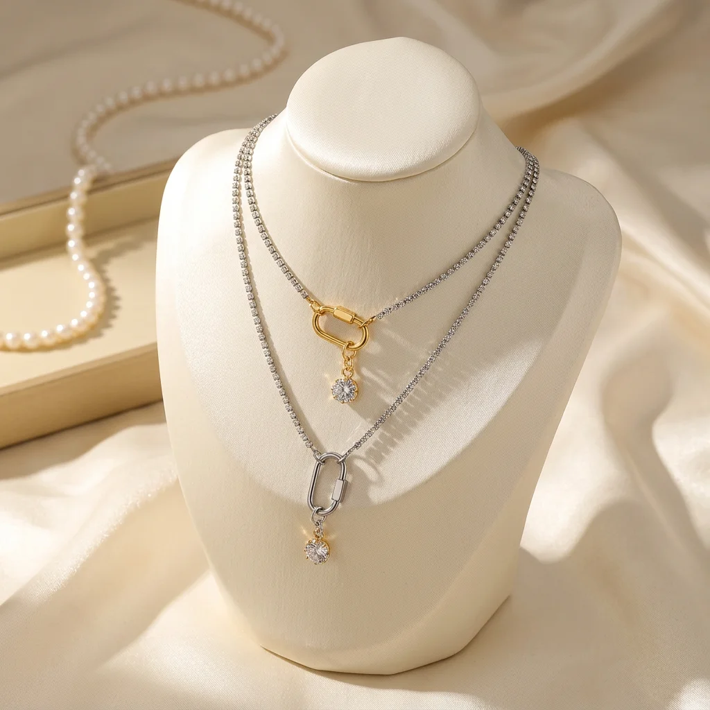 Designer 2026 Genderless Stainless Steel Gold Plated Chain Two-tones Paperclip Drop CZ Pendant Necklace Layered Choker Jewelry