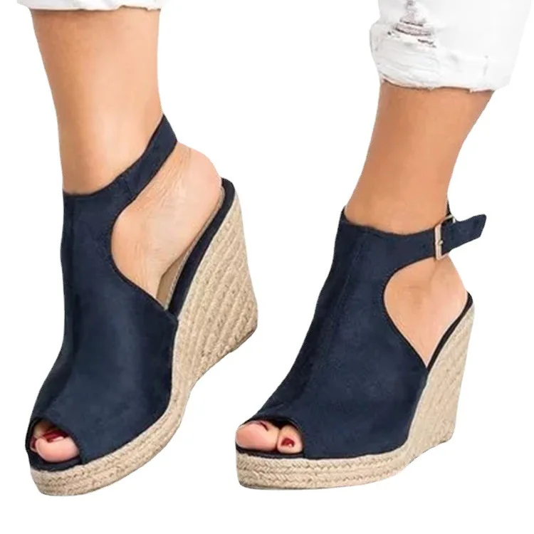 Sandali con tacco alto da donna zoccoli estivi scarpe da donna pendenza inferiore con bocca di pesce sandali con fondo in canapa con una fibbia